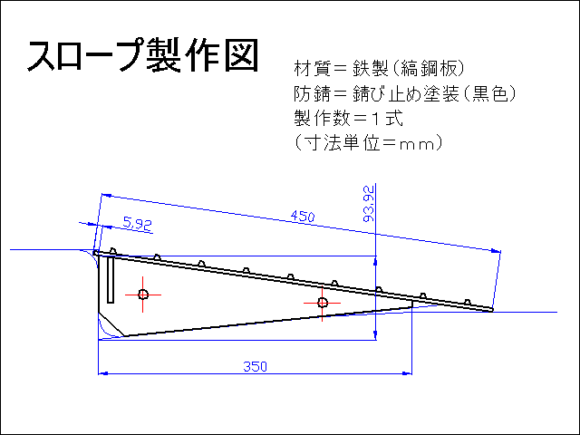 縞鋼板、鉄板のスロープ（段差プレート）:スロープの裏側には設置場所に応じて専用設計した最適な形状の補強リブを付けます